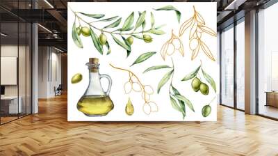 Watercolor and golden sketch set with olive, branch and bottle with oil. Hand painted illustration with berries and leaves isolated on white background. For design, print and fabric. Wall mural