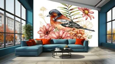 Watercolor autumn composition of gold aster, rose and chaffinch. Hand painted meadow linear flowers and bird isolated on white background. Floral illustration for design, print, fabric or background. Wall mural