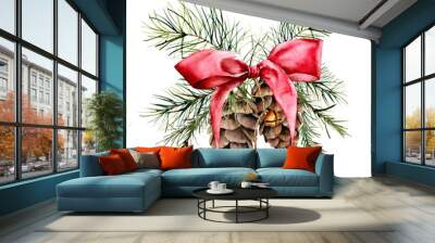 Watercolor Christmas composition with cones and red ribbon. Hand painted traditional gold bells with christmas tree branches isolated on white background. Holiday print for design or background. Wall mural