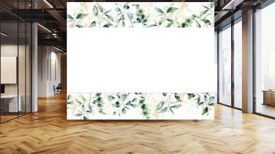 Watercolor gold eucalyptus seamless banner. Hand painted eucalyptus branch and leaves isolated on white background. Line art floral illustration for design, print, fabric or background. Wall mural