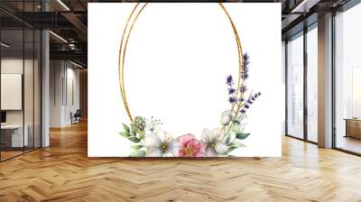 Watercolor golden frame with anemones and lavender. Hand painted spring flowers, artichoke, buds and leaves isolated on white background. Floral illustration for design, print, fabric or background. Wall mural