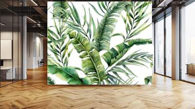 Watercolor tropical seamless pattern with coconut and banana palm leaves. Hand painted greenery exotic branch on white background. Botanical illustration for design, print, fabric or background. Wall mural