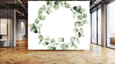 Watercolor wreath of eucalyptus branches, seeds and leaves. Hand painted silver dollar eucalyptus isolated on white background. Floral illustration for design, print, fabric or background. Wall mural