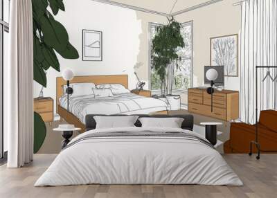 A bedroom with a bed, dresser, and a large potted plant Wall mural