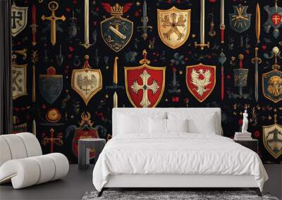 A black and white image of many different types of swords and shields Wall mural