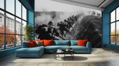 A black and white photo of soldiers in a trench Wall mural