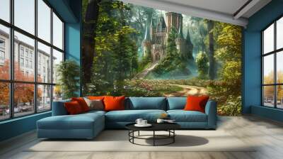 A castle is surrounded by a forest and a path leads to it Wall mural