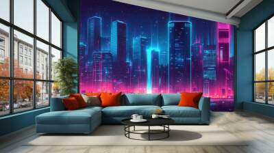 A cityscape with neon lights and a reflection of the city on the water Wall mural