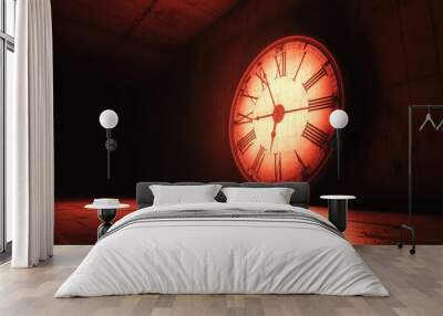 A clock with Roman numerals is lit up in a dark room Wall mural