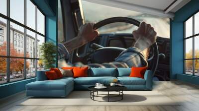 A close-up of a truck driver's hands gripping the steering wheel as he navigates a winding road. photorealism, copy space, minimalism Wall mural