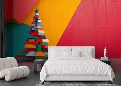 A colorful Christmas tree made of blocks is displayed in front of a red wall Wall mural