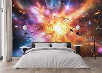 A colorful explosion in space with a lot of debris Wall mural