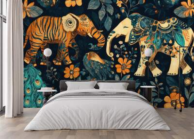 A colorful painting of two elephants and a peacock in a jungle Wall mural