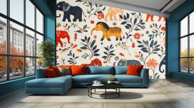 A colorful pattern of animals including elephants, lions, and tigers Wall mural