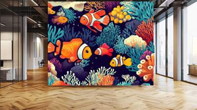 A colorful underwater scene with fish swimming among coral and seaweed Wall mural