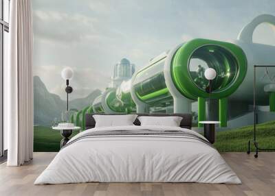 A futuristic green hydrogen energy facility with bright green pipelines and clean energy infrastructure Wall mural