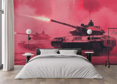 A group of tanks are in a battle, with one tank being the largest Wall mural