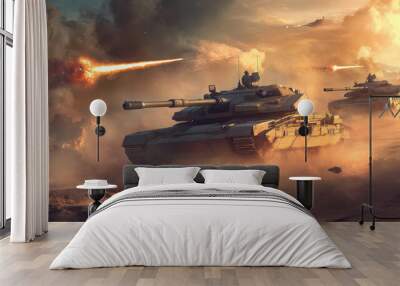 A group of tanks are in a battle, with one tank being the largest Wall mural