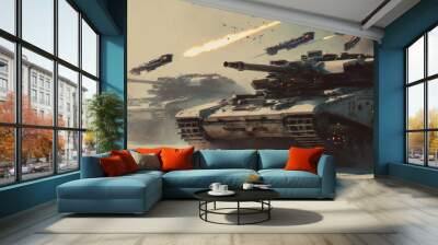 A group of tanks are in a battle, with one tank being the largest Wall mural