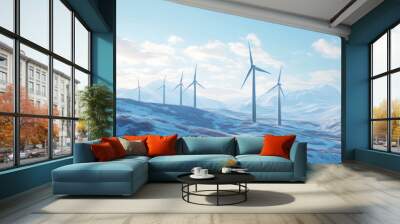 A group of wind turbines are on a snowy hill Wall mural