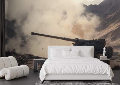 A large cannon is in the middle of a desert, surrounded by rocks and dirt Wall mural