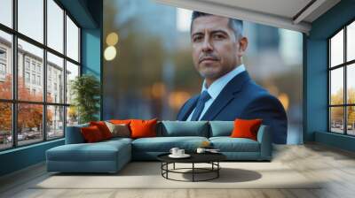 A man in a suit and tie stands in front of a city skyline Wall mural