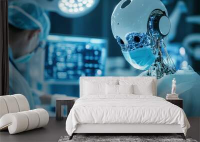 A robot is in a hospital room with a doctor Wall mural