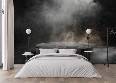 A smokey, dark room with a large, round hole in the center Wall mural