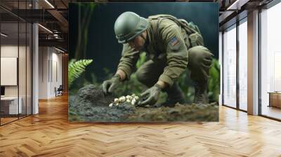 A soldier planting explosives to blow up an enemy bunker Wall mural