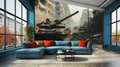 A tank is driving through a city with buildings in ruins Wall mural