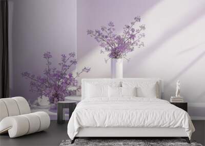 A white pedestal with two purple flowers on it Wall mural