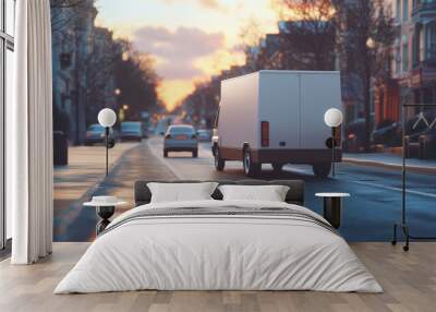 A white truck is driving down a street with a sunset in the background Wall mural