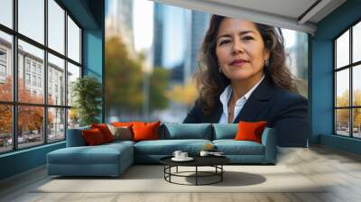 A woman in a business suit stands in front of a building with her arms crossed Wall mural