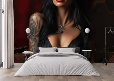 A woman with black hair and tattoos on her arm and neck is wearing a black dress Wall mural