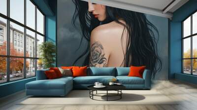 A woman with black hair and tattoos on her arm and neck is wearing a black dress Wall mural