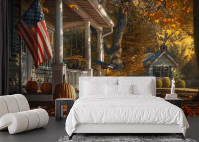 An American flag hangs from a porch of a cozy cottage during autumn. Fallen leaves and pumpkins set the scene for a homely patriotic fall Wall mural