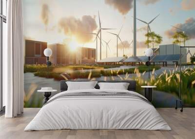 Battery storage power station accompanied by solar and wind turbine power plants Wall mural