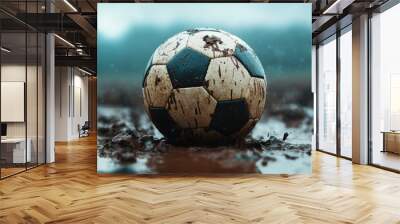 Close-up of a worn soccer ball on a muddy football field Wall mural