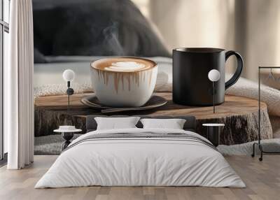 Coffee on blanket with wood decor soft light natural materials muted colors Wall mural