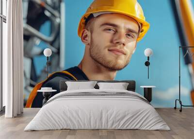 Construction worker with a hard hat operating machinery Wall mural