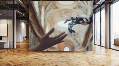 Futuristic Robot Arm Touches Human Hand in Humanity and Artificial Intelligence Unifying Gesture. Conscious Technology Meets Humanity. Concept Inspired by Michelangelo's Creation of Adam Wall mural