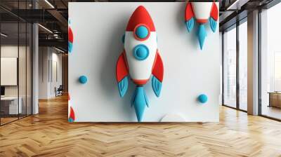 Mini space rockets with blue flames on white Wall mural