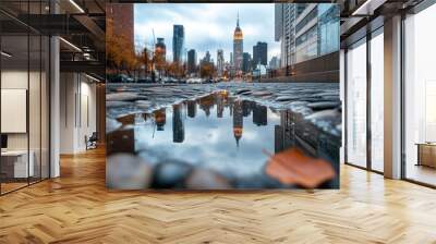 New York City skyline reflected in a puddle after rain Wall mural