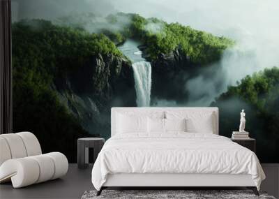 Norwegian waterfall surrounded by evergreen forests and mist Wall mural