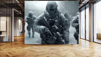 Soldiers preparing for a massive assault on an enemy stronghold during a blizzard Wall mural