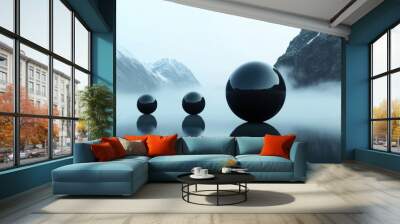 Surreal balls bouncing on a lake surface, mountain backdrop, misty Wall mural