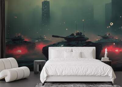 The tanks are surrounded by a lot of smoke, and the sky is cloudy. Scene is intense and chaotic Wall mural