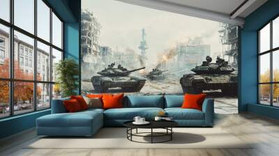 The tanks are surrounded by a lot of smoke, and the sky is cloudy. Scene is intense and chaotic Wall mural