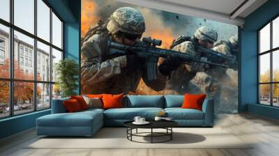 Three soldiers are in a battle, one of them is holding a rifle Wall mural