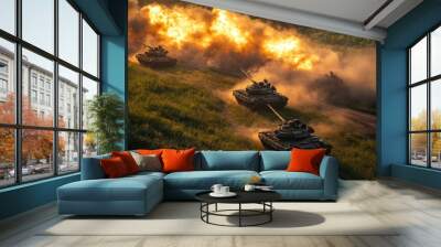 Three tanks are driving down a hill, with smoke and fire trailing them Wall mural